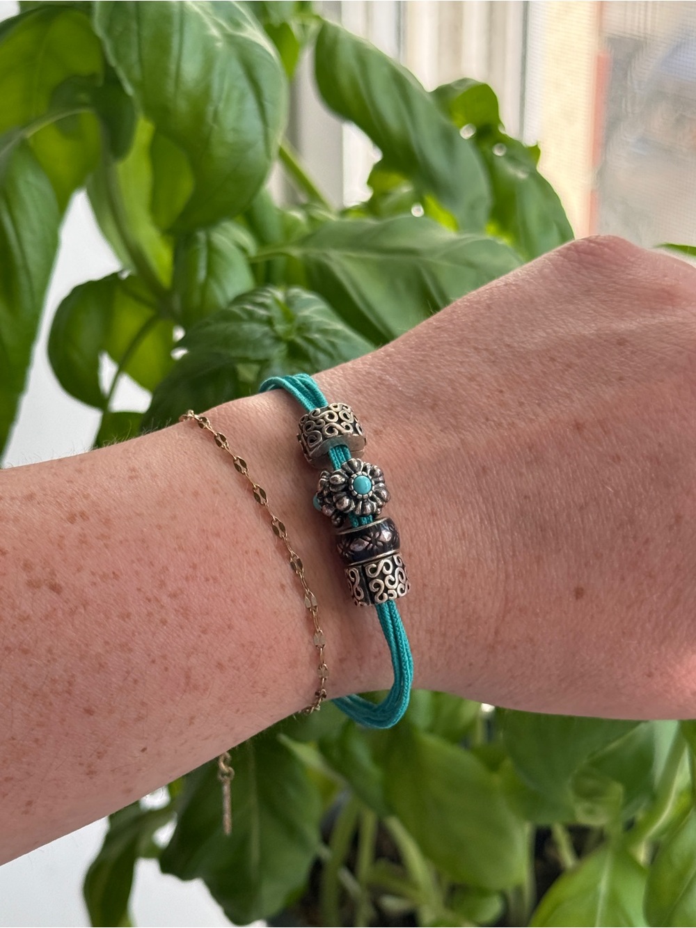 Authentic Pandora Multi Strands Turquoise Bracelet Length 7", With 4 Charms